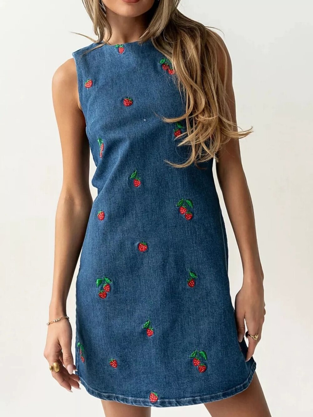 Strawberry Embroidered Sleeveless Denim Dress